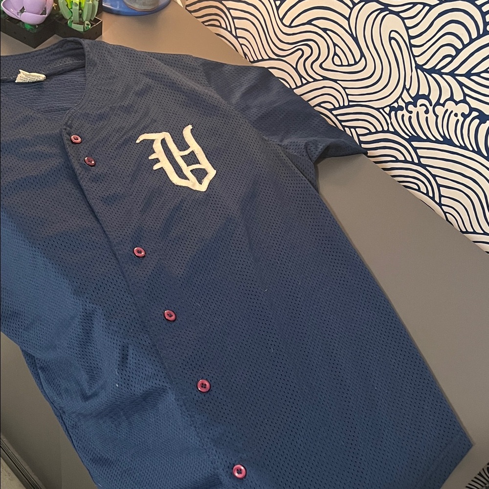 Men's Navy Blue Jersey/Mesh Button-Up Shirt